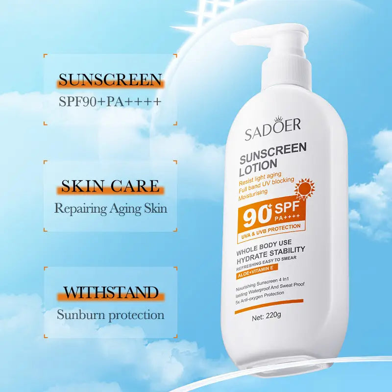 SADOER Sunscreen Lotion SPF 90+ PA++++ – Advanced UVA & UVB Protection for All Skin Types
